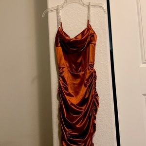NWT Oh Polly Ruched Satin Metallic Bronze Midi Dress